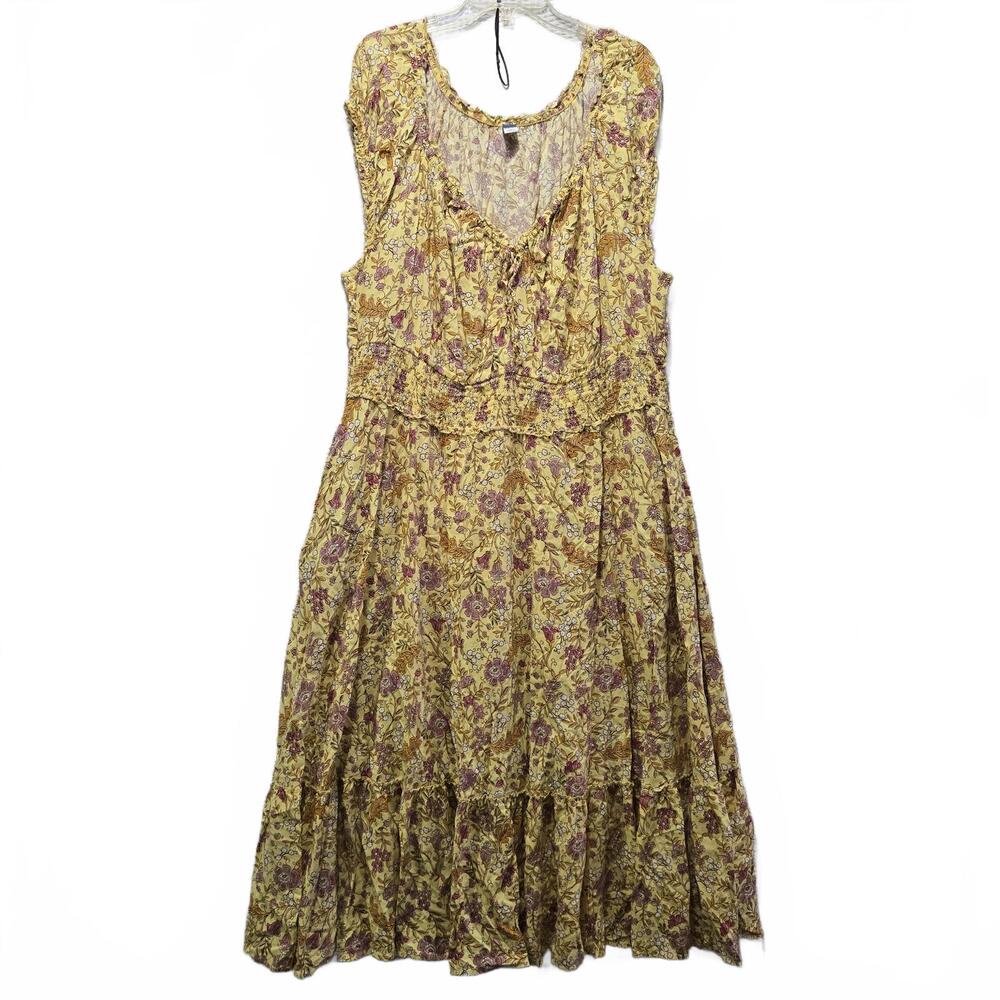 Old Navy Yellow Floral Smocked Waist Peasant Maxi Dress Boho Cottage Milkmaid 3X